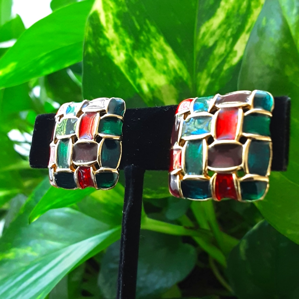 Gold-Tone Multicolor Enamel Square Hoop Earrings — Green, Red & Teal